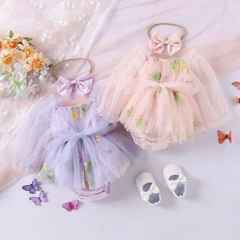 0-24M őszi kislány bodyk csecsemőknek Bowknot édes hálós hercegnő születésnapi ruhák újszülötteknek Lány ruhák fejpánttal