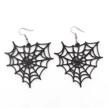 (1 pár) 65MM (2,56 hüvelyk) pókhálós szívcsepp fülbevaló Halloween ünnepi fülbevaló lézerrel vágott fekete csillogó akril fülbevaló