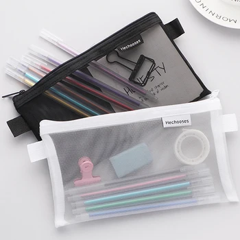 1Pc Solid átlátszó vékony ceruzatartó tároló táska, Mesh Student hordozható ceruzatartó, L kapacitású cipzáras irattáska