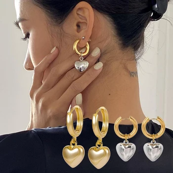 1Pár személyiség minimalista arany ezüst színű szív medál karika fülbevaló nőknek Koreai stílusú vintage divat ékszer ajándék