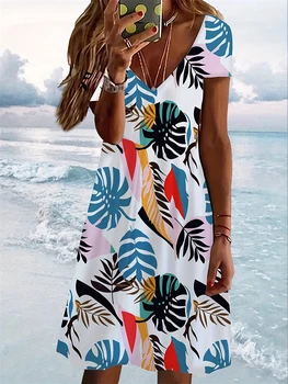 2023 Color Contrast csíkos mintás ruha női nyári alkalmi rövid ujjú V nyakú középhosszú ruha laza Boho Beach Party ruhák