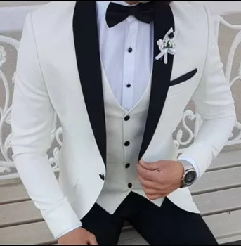 2023 Legújabb kabát nadrág minták Fehér férfi öltöny fekete kendő hajtóka Hivatalos szmokingos esküvői öltöny férfiaknak Báli parti ruha nadrággal