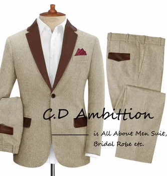 2023 Tailor Made Man vintage tweed blézer szett férfiaknak 2 részes slim fit halszálkás kabát bőr hajtóka vőlegény esküvői öltönyéhez