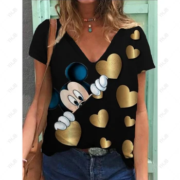 2023 Új női póló Disney Minnie Mickey egér nyomtatás Top Fashion Casual Harajuku női Y2k lány V nyakú pulóver felső