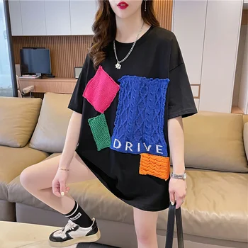 #4286 Nyári fekete szürke nyomtatás női póló patchwork laza koreai stílusú streetwear póló női rövid ujjú laza hiphop 