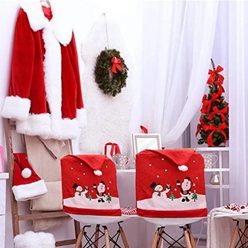 4PCS étkezőszék papucs szett Mikulás és hóember-piros kalap karácsonyi szék hátlapok