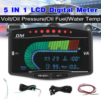 5 az 1-ben univerzális 12V / 24V teherautó autó LCD digitális olajnyomásmérő Volt voltmérő Vízhőmérséklet üzemanyag mérő fordulatszámmérő