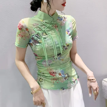 #6814 Világoszöld hálós póló virágmintás szexi vékony gombok Kínai stílusú vintage rövid ujjú póló állvány gallér nyár