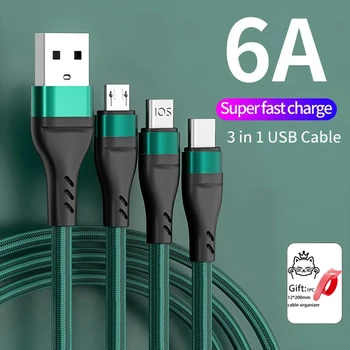 6A 3 az 1-ben C típusú töltőkábel Micro USB gyorstöltő Micro USB TypeC kábel Adatkábelek iPhoneSa számára
