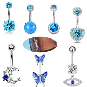 7PCS kék pillangó szív alakú köldök köröm szett rozsdamentes acél kristály köldök gombgyűrűk nőknek Szexi test piercing ékszerek