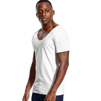 A2612 Deep V Neck Slim Fit rövid ujjú férfi póló alacsony szabású stretch Vee felső pólók divatos férfi póló láthatatlan Casua