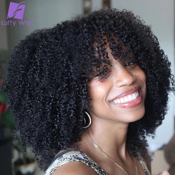 Afro Perverz göndör emberi haj paróka frufruval Teljes géppel készített fejbőr felső paróka ragasztó nélküli Remy Brazil afro göndör bob parókák nőknek