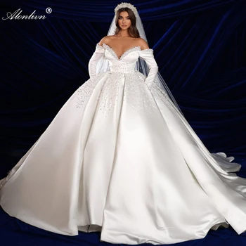 Alonlivn Luxus gyöngyfűző gyöngyök báli ruha Puffadt esküvői ruhák vállujjakról Fűző menyasszonyoknak