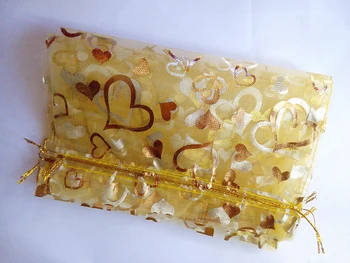 arany szív organza táskák 9x12cm 100db ékszer csomagoló vitrin táskák ajándékok húzózsinóros táska ékszer táska karkötőkhöz