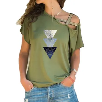 Aranyos geometriai esztétikai trend nyomtatás vicces póló női rövid ujjú laza szabálytalan ferde keresztkötés felsők póló