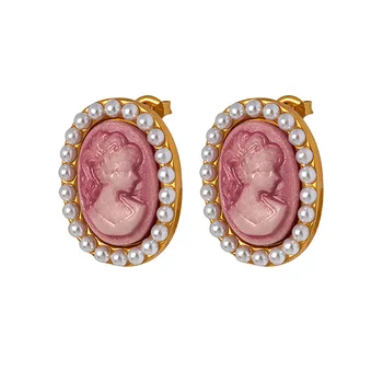 Bohém nyári fülbevaló rózsaszín kerek gyöngy prémium rozsdamentes acél aranyozott divat női ékszerek ingyenes szállítás