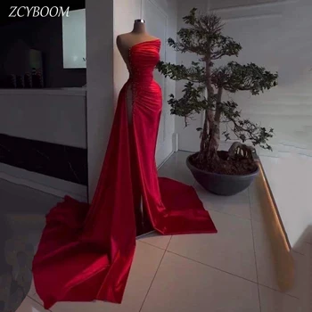 Bájos piros egyvállú gyöngyök oldalsó hasított estélyi ruha 2024 sellő padlóhossz seprő vonat cipzár egyedi készítésű rom ruha