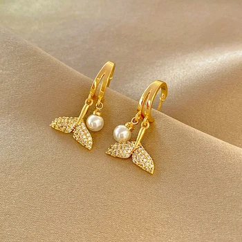 Cirkon Fishtail gyöngy U alakú arany színű fülbevaló nőknek Új, gyönyörű elegáns divat temperamentum lányok születésnapi ajándék