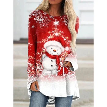 CLOOCL Karácsonyi póló Hosszú ujjú pulóver Rajzfilm Hóember Grafikai nyomtatás Szabálytalan szegélyű póló Női party ruházat felsők