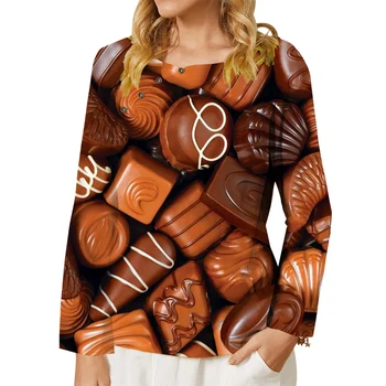 CLOOCL Női ruházat Barna blúz Hosszú ujjú felsők Csokoládék Print Button Póló Harajuku Streetwear Alkalmi Oversized Póló