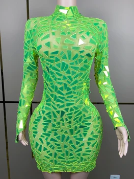 Cool Green Mirror Long Sleeve Women Dress Sexy Transparent Mesh Party Bar Club Wear Énekes Táncos Színpadi előadás Jelmez