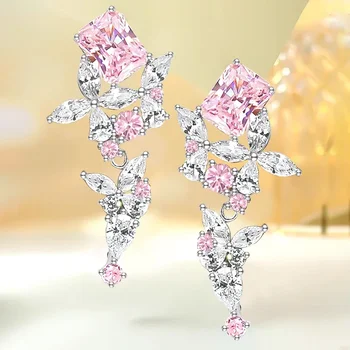 Divatos S925 sterling ezüst fülbevaló szett mesterséges rózsaszín gyémántokkal Könnyű luxus fülbevaló Sokoldalú esküvői ékszerek