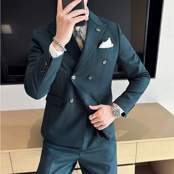 (Dzsekik+Pant) Legújabb design Dupla mellű férfi öltöny Sötétzöld vőlegény Esküvői Színpad Tuxedo Férfi Slim Fit Üzleti szociális öltönyök
