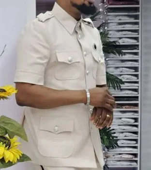 Elefántcsont férfi luxus márkájú öltöny rövid ujjú blézerkabát nagy zsebes nyári viseletet visel Személyre szabott szafari kabát csak 1db kabát Új