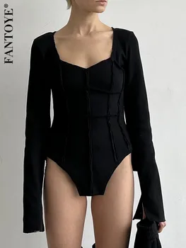 Fantoye Sexy szögletes galléros pulóver női póló Fekete hosszú ujjú tömör alkalmi póló Ősz Új Skinny Fashion Streetwear