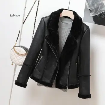 Faux Shearling báránybőr kabátok nők 2023 Új téli vastag meleg pu műbárány bőrdzseki fekete motorkerékpár női kabát felső