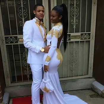 Fehér esküvői férfi öltönyök arany hajtóka szmokingi vőlegény viselet jelmez Homme 2PCS Slim Fit Terno Masculino Prom Party Blazer Jacket+PantS