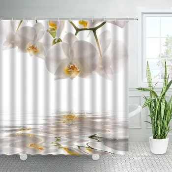 Fehér orchidea virágos zuhanyfüggöny szettek Vidéki természetes virágok Zen spa növények Fürdőszoba szövet fürdőfüggöny horgokkal Lakberendezés