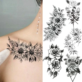 Fekete rózsa Napvirág Ideiglenes tetoválások nőknek Felnőtt lány geometria szilva hamis tetoválás kulcscsont kar szexi vízálló Tatoos matricák