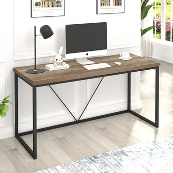 FOLUBAN ipari számítógép íróasztal, rusztikus fa és fém íróasztal, vintage PC asztal otthoni irodához, tölgy 60 hüvelyk