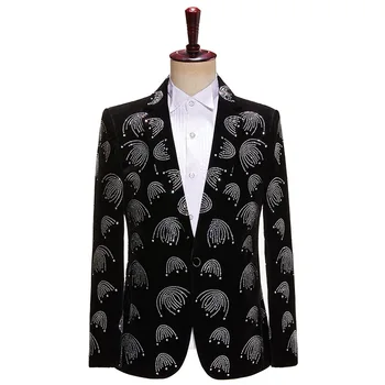 Férfi bársonykabát Shiny Man Black Beaded Suit Blazer strasszos Bling-bling színpadi jelmezben