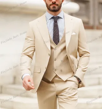 Férfi bézs üzleti öltöny Vőlegény vőlegény Tuxedos esküvői parti Hivatalos alkalom 3 részes készlet kabát és nadrág A37