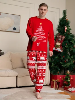 Férfi divatos alkalmi pizsama szettek, karácsonyfa agancs grafikus nyomat hosszú ujjú legénység nyak felső és laza nadrág lounge viselet