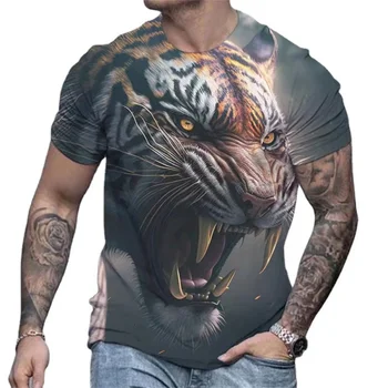 Férfi póló Vintage 3D Animal póló Heves tigrismintás póló Nyári rövid ujjú ünnepi pólók Laza ruházat Férfi pulóver