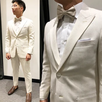 Férfi öltöny 2 db Blézer nadrág Egymellű csúcsos hajtóka Üzleti Hivatalos Fehér Munka Esküvői Vőlegény Testreszabott jelmez Homme