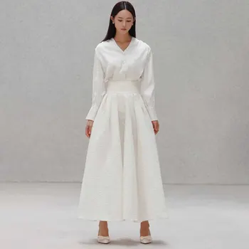 GIOIO V-nyakú luxus Korea kerti estélyi ruha redő hosszú ujjú formális 프롬드레스 Boka hossza elegáns bálban nőtt parti női menyasszony