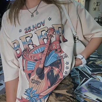 Gitár Nyomtatott zene Koncert pólók Retro hippi Boho Streetwear Grafikus pólók Női túlméretezett vintage nyaralás Top ruhák