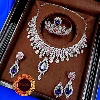GODKI Luxus SZAÚD-ARÁBIA HIGH Ékszerkészletek nőknek Esküvői nyaklánc fülbevaló szett Cubic cirkon Dubai Menyasszonyi ékszer szett 2020