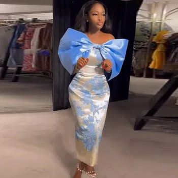 Gyönyörű csokorcsomó vállról levehető szalagavató ruhák Kék csipke rátétek Csipke fel hátul Ebening ruhák Nigéria női hivatalos partiruha