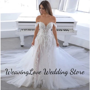 Gyönyörű vállról Elülső hasított esküvői ruhák Csipke rátétek A-vonalú padlóhossz hát nélküliVestido Feminino Plus méret