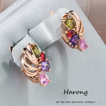 Harong 585 Rose Gold színes cirkon fülbevaló Classic kristály színes virágcsapos fülbevaló ékszerekkel nőknek Lányoknak