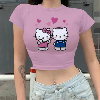 Hello Kitty póló nők 9 szín nyomtatás crop felső póló vágott vékony magas derék rövid ujjú alap nyári ruha felsők lányok