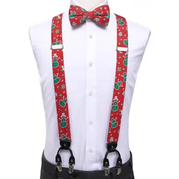 Hi-Tie Christams Red Green Hóember selyem férfi harisnyatartó divat harisnyatartó karácsonyi csokornyakkendő bőr fém 6 kapcsos harisnyatartó