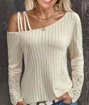 Hideg váll vezetékes textúra Top 2023 Új női ruházat Hot Selling alkalmi divatviselet Átlós nyakú hosszú ujjú