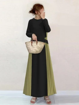 Hosszú női ruhák Tavasz Ősz Pliszírozott hosszú ujjú ruha Laza O-nyakú ruha Koreai divat Női ruházat Fekete ruha