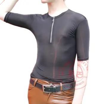 Ice selyem átlátszó rövid ujjú póló férfi fitneszruházat felső karcsúsító testformáló bodysuit divat testépítés egy darab